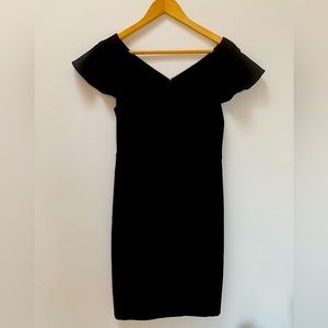 Lark&Ro stretch crepe fully lined fitted flutter sleeve dress.